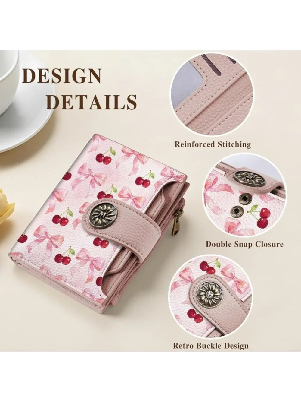 Cute Cherry Bow Wallet - Compact RFID Bifold Purse with Coin Pocket & Card Slots